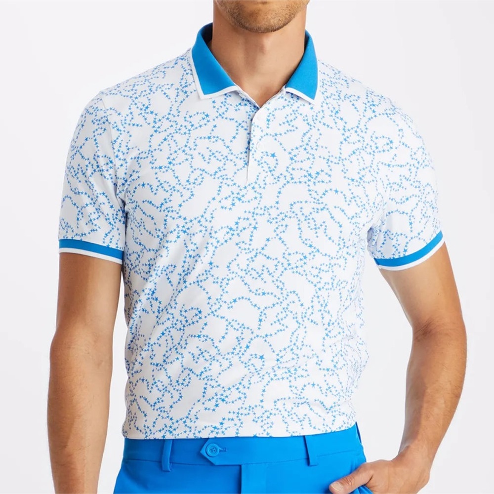 NWT G/FORE Blue and White Star Pattern Polo Men’s Small 4th of July Golf Shirt